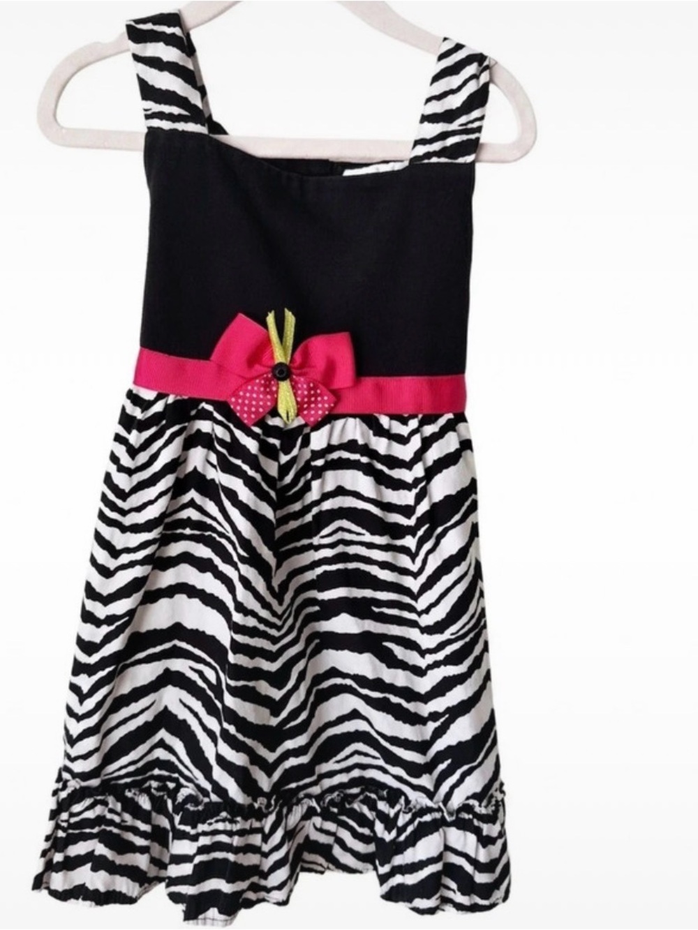 Rare Editions Dress Size 6 S Pink Black Zebra Print Ruffle Bow Tie Back